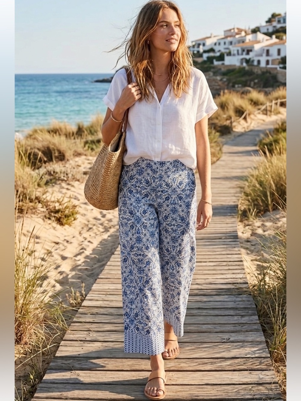 Joie Linen Blend Tile Print Wide Leg Cropped Pants Size 8 Blue White